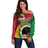 Vanuatu Tribal Boar Tusk Off Shoulder Sweater Tropical Plants with Namele and Melanesian Pattern