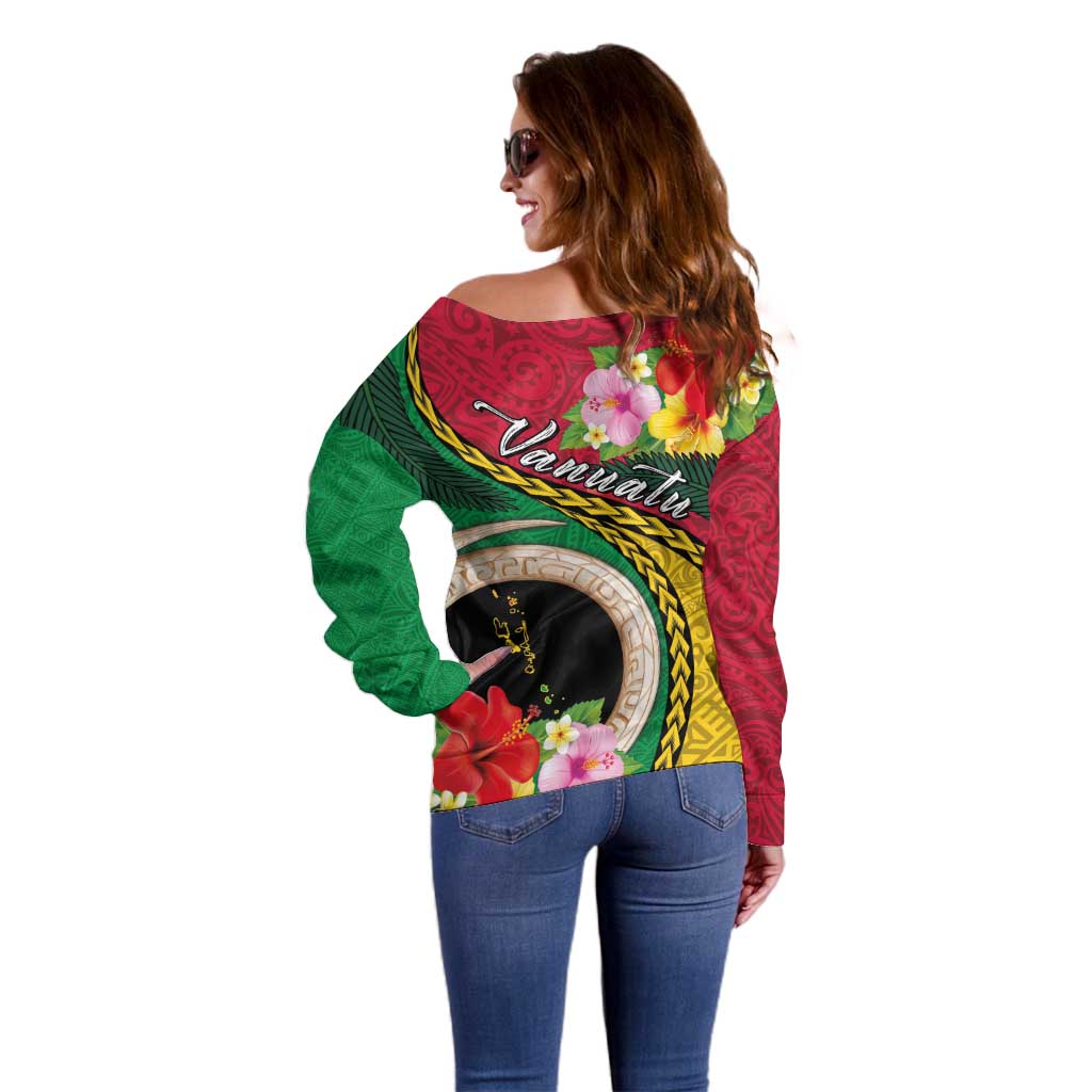 Vanuatu Tribal Boar Tusk Off Shoulder Sweater Tropical Plants with Namele and Melanesian Pattern