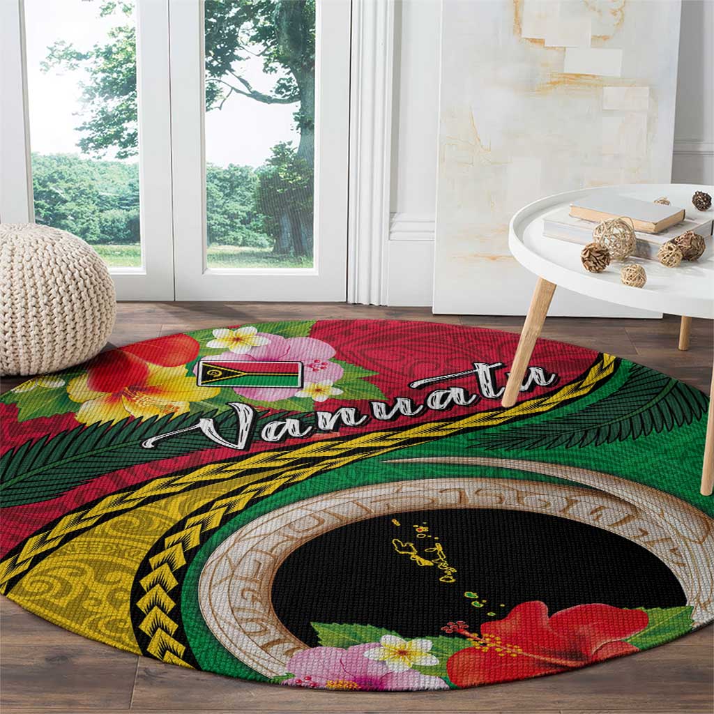 Vanuatu Tribal Boar Tusk Round Carpet Tropical Plants with Namele and Melanesian Pattern