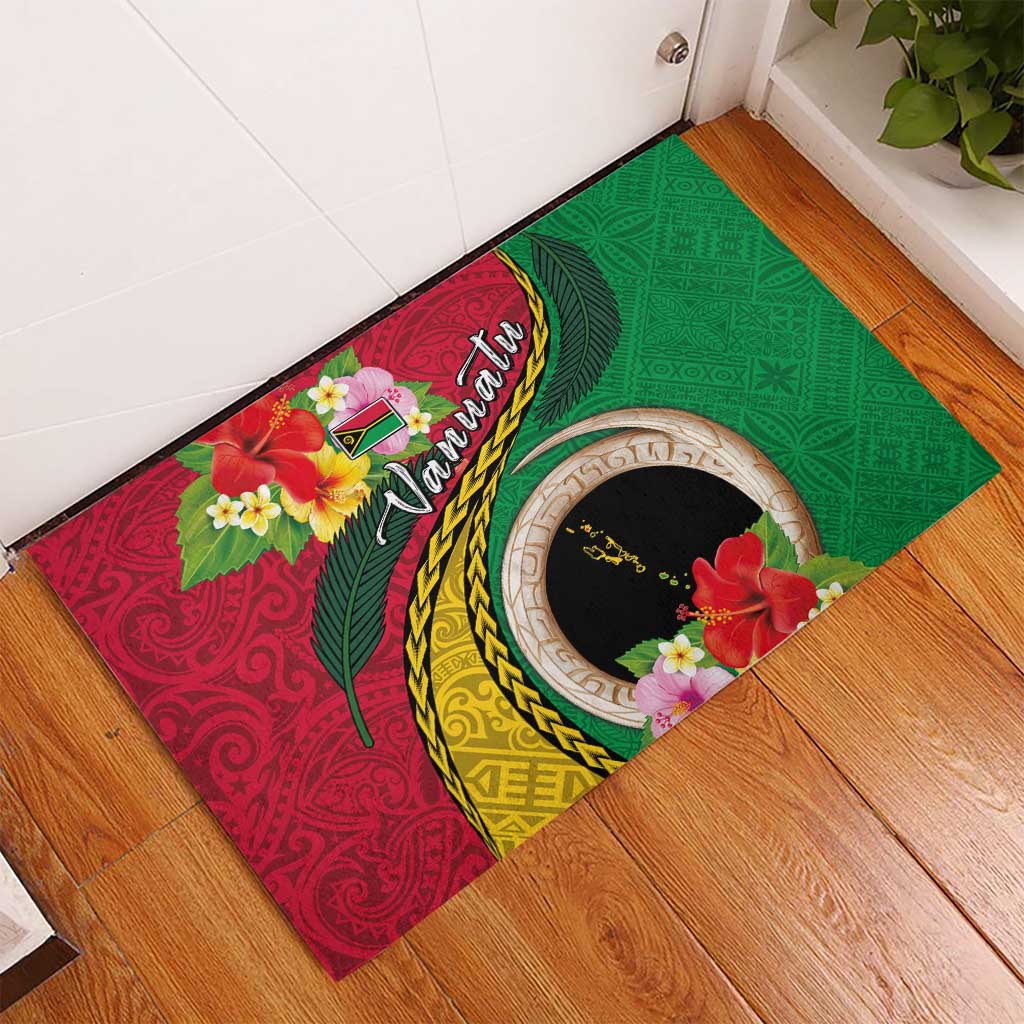 Vanuatu Tribal Boar Tusk Rubber Doormat Tropical Plants with Namele and Melanesian Pattern