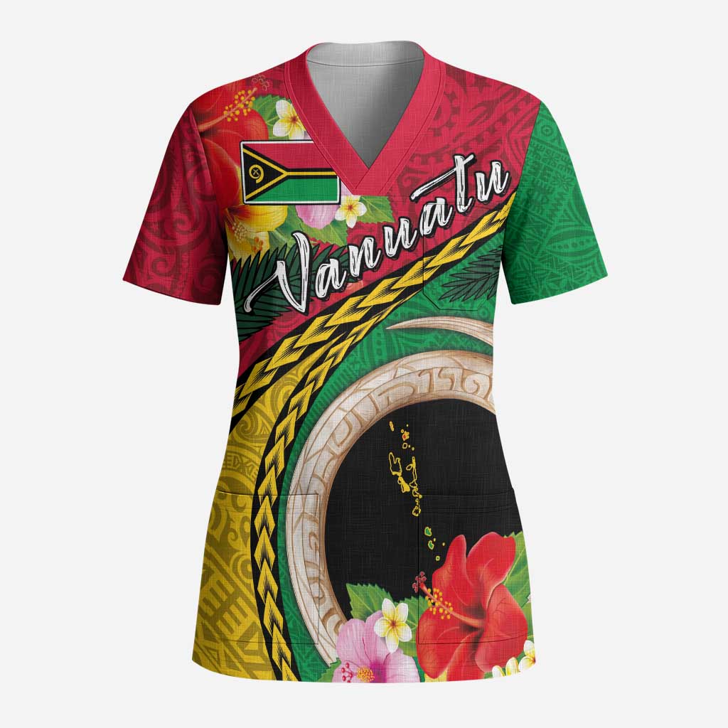 Vanuatu Tribal Boar Tusk Scrub Top Tropical Plants with Namele and Melanesian Pattern - Polynesian Pride