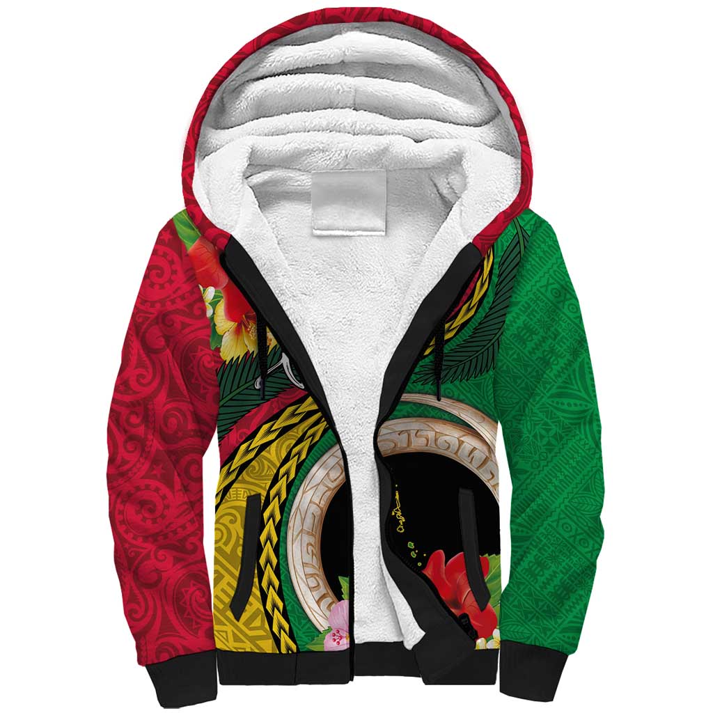 Vanuatu Tribal Boar Tusk Sherpa Hoodie Tropical Plants with Namele and Melanesian Pattern