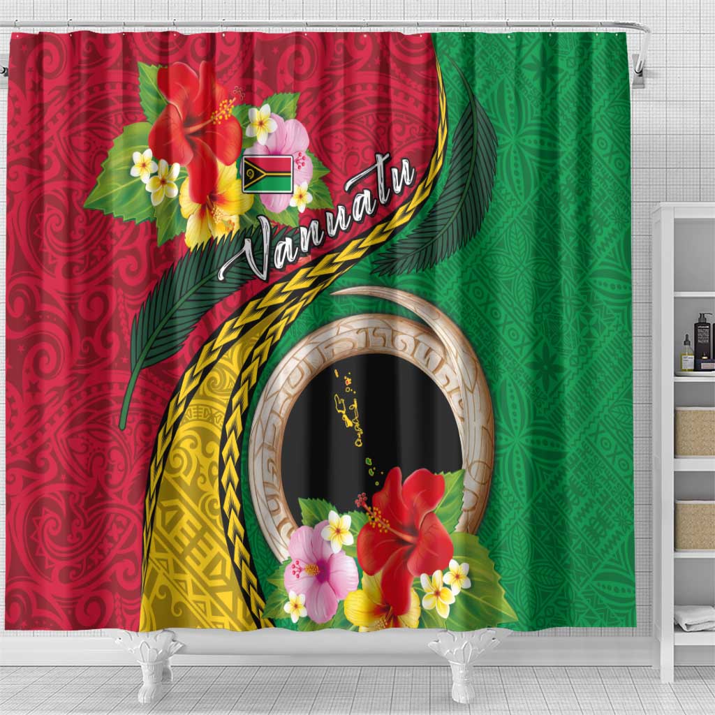 Vanuatu Tribal Boar Tusk Shower Curtain Tropical Plants with Namele and Melanesian Pattern