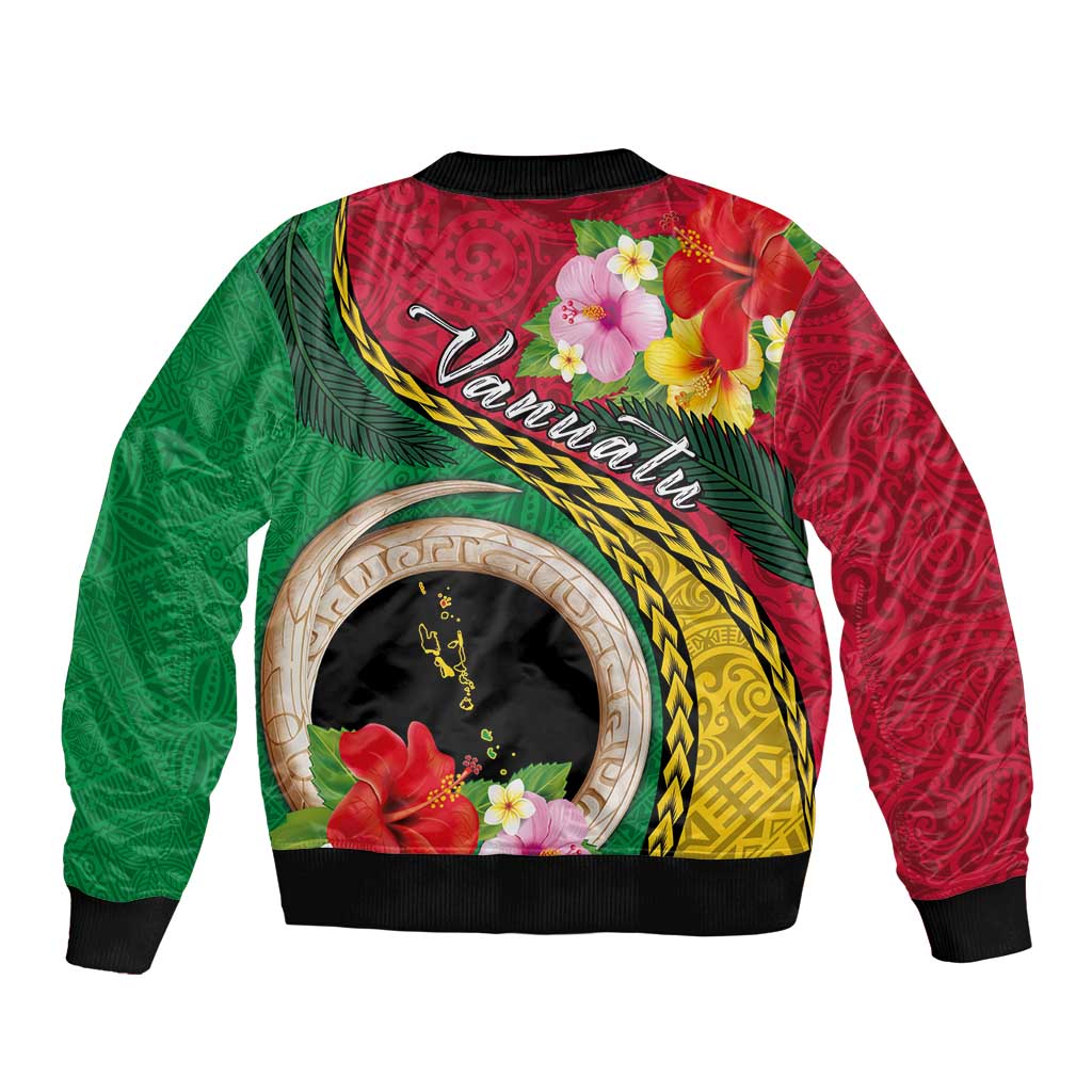 Vanuatu Tribal Boar Tusk Sleeve Zip Bomber Jacket Tropical Plants with Namele and Melanesian Pattern