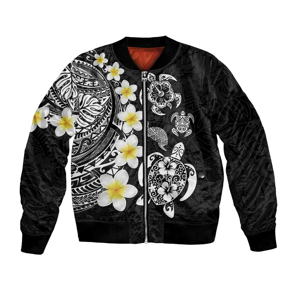 Hawaiian Plumeria Turtles Bomber Jacket Polynesian Art Tattoo LT03 Unisex Black - Polynesian Pride