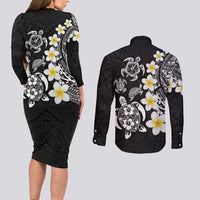 Hawaiian Plumeria Turtles Couples Matching Long Sleeve Bodycon Dress and Long Sleeve Button Shirt Polynesian Art Tattoo