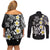 Hawaiian Plumeria Turtles Couples Matching Off Shoulder Short Dress and Long Sleeve Button Shirt Polynesian Art Tattoo