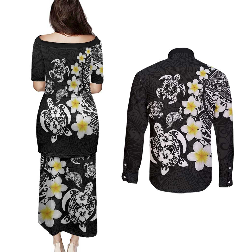 Hawaiian Plumeria Turtles Couples Matching Puletasi and Long Sleeve Button Shirt Polynesian Art Tattoo LT03 - Polynesian Pride