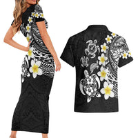 Hawaiian Plumeria Turtles Couples Matching Short Sleeve Bodycon Dress and Hawaiian Shirt Polynesian Art Tattoo