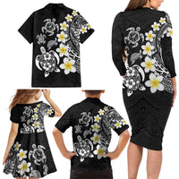 Hawaiian Plumeria Turtles Family Matching Long Sleeve Bodycon Dress and Hawaiian Shirt Polynesian Art Tattoo