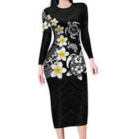 Hawaiian Plumeria Turtles Family Matching Long Sleeve Bodycon Dress and Hawaiian Shirt Polynesian Art Tattoo