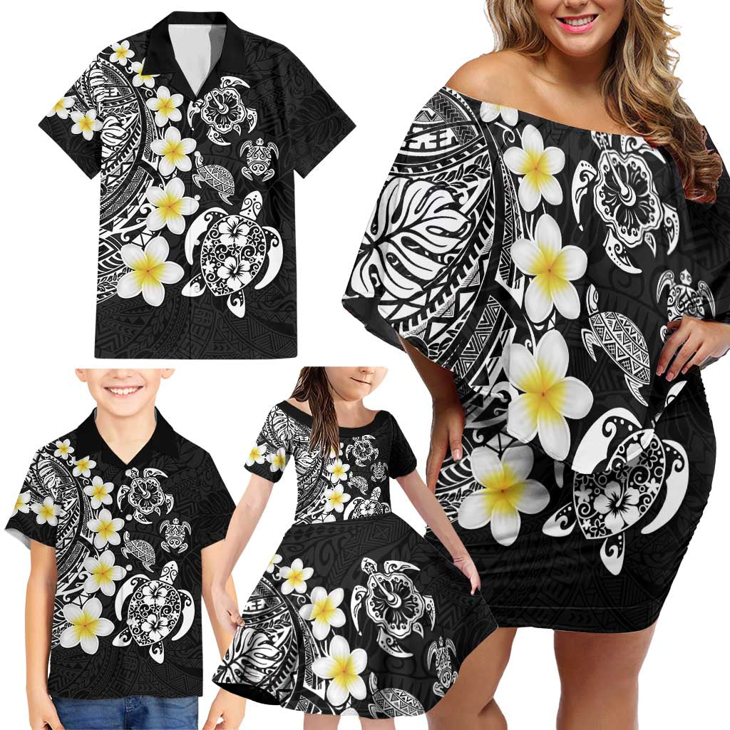 Hawaiian Plumeria Turtles Family Matching Off Shoulder Short Dress and Hawaiian Shirt Polynesian Art Tattoo