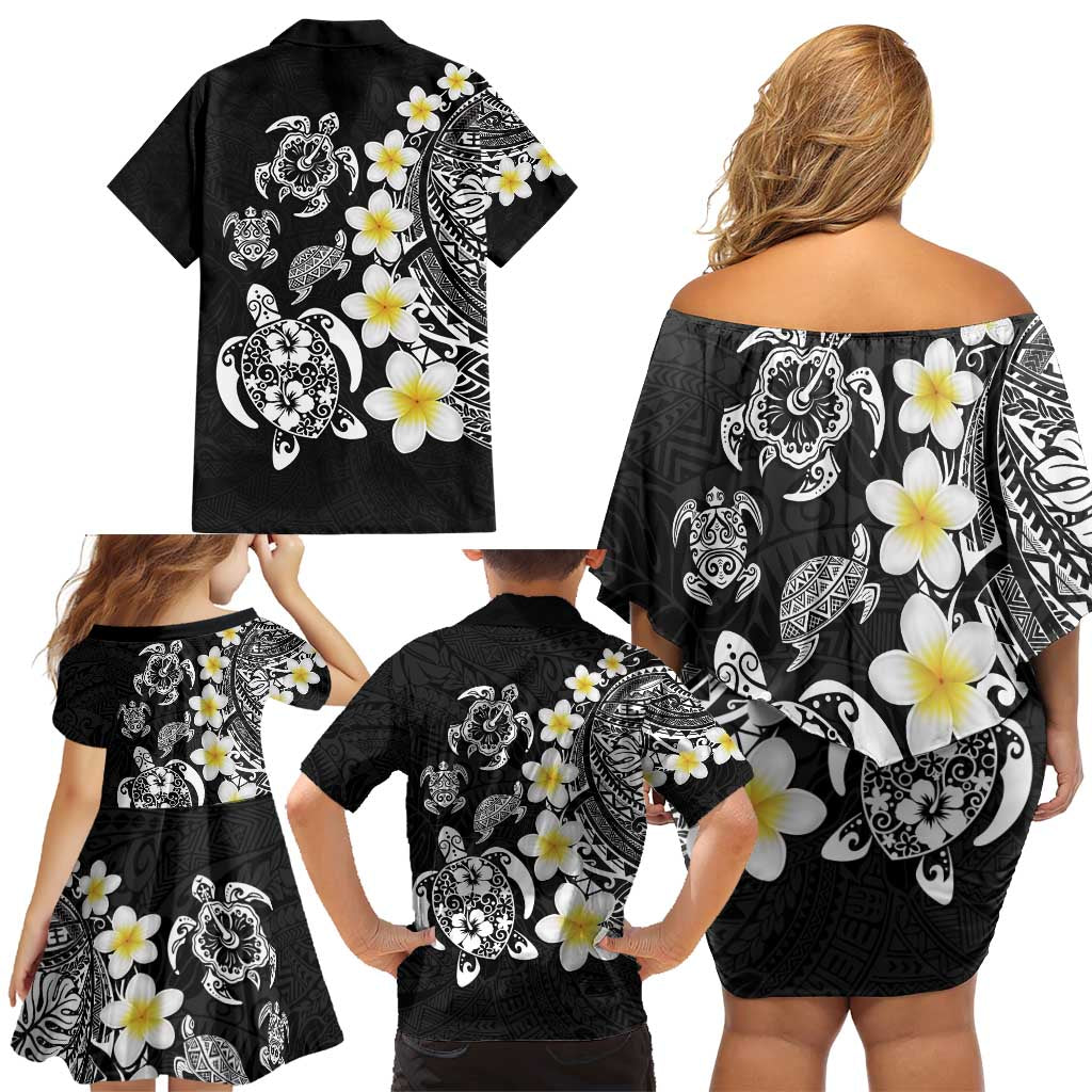 Hawaiian Plumeria Turtles Family Matching Off Shoulder Short Dress and Hawaiian Shirt Polynesian Art Tattoo