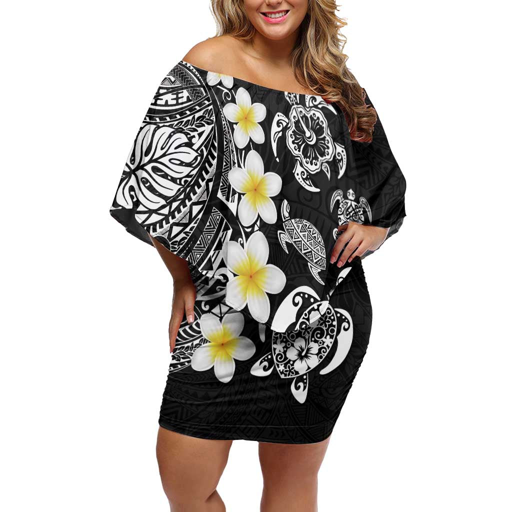 Hawaiian Plumeria Turtles Family Matching Off Shoulder Short Dress and Hawaiian Shirt Polynesian Art Tattoo
