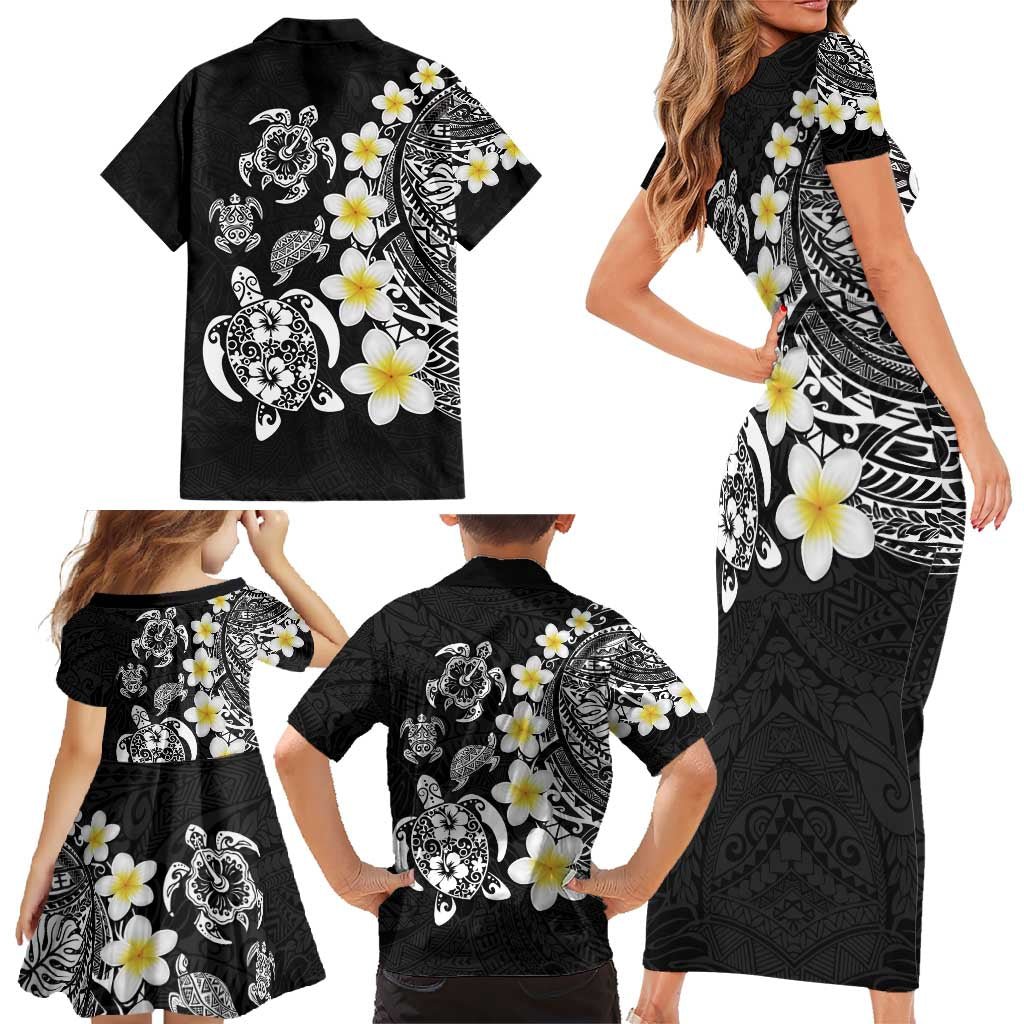 Hawaiian Plumeria Turtles Family Matching Short Sleeve Bodycon Dress and Hawaiian Shirt Polynesian Art Tattoo