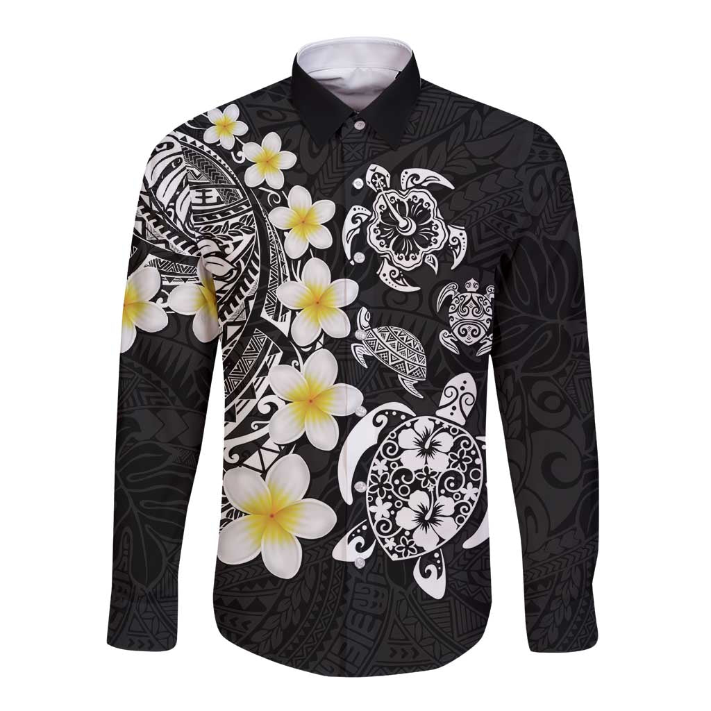 Hawaiian Plumeria Turtles Long Sleeve Button Shirt Polynesian Art Tattoo LT03 Unisex Black - Polynesian Pride