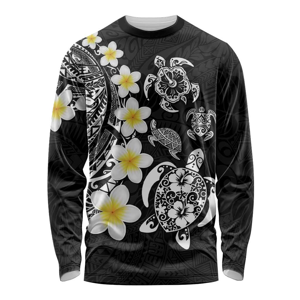 Hawaiian Plumeria Turtles Long Sleeve Shirt Polynesian Art Tattoo LT03 Unisex Black - Polynesian Pride