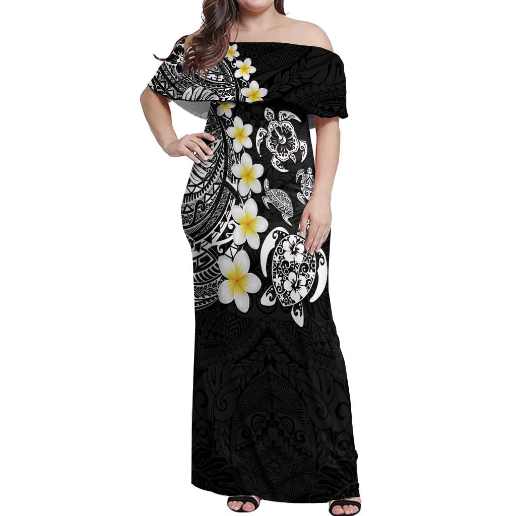 Hawaiian Plumeria Turtles Off Shoulder Maxi Dress Polynesian Art Tattoo