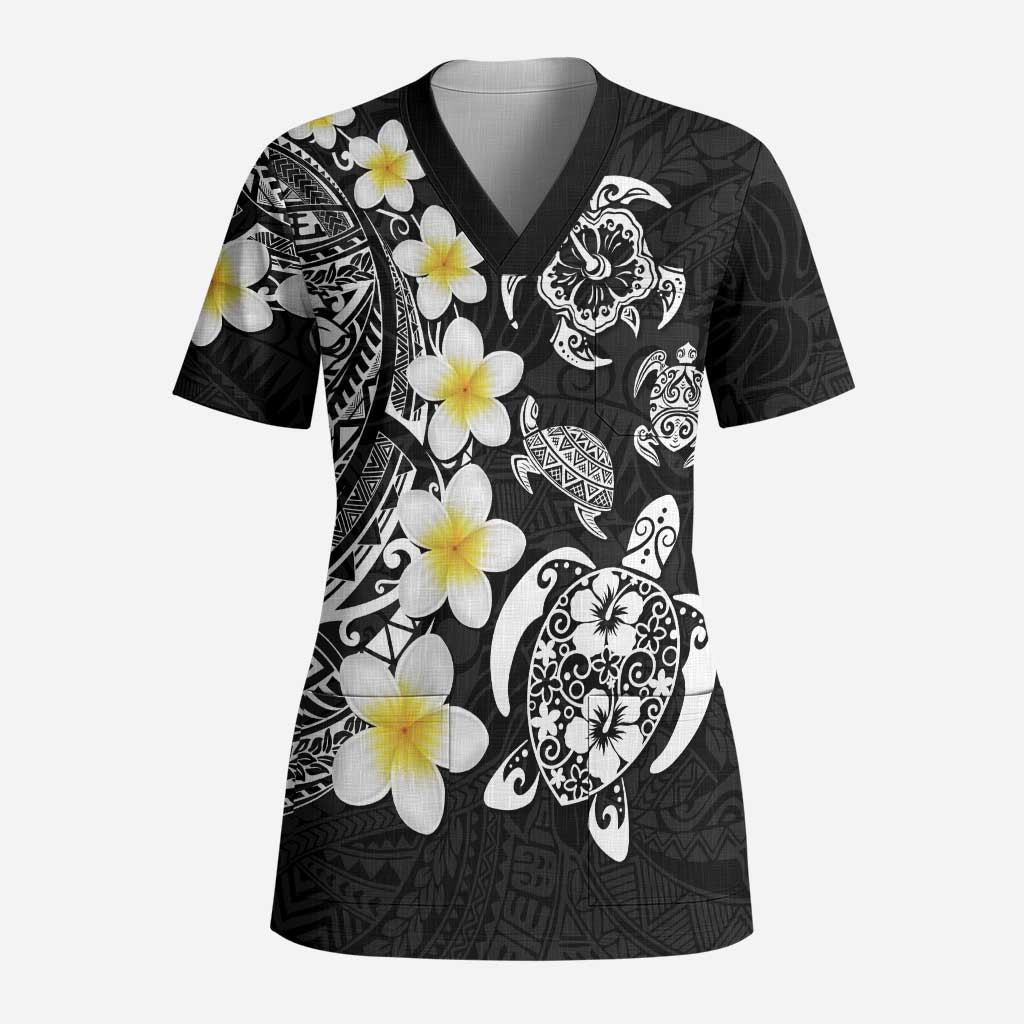 Hawaiian Plumeria Turtles Scrub Top Polynesian Art Tattoo - Polynesian Pride