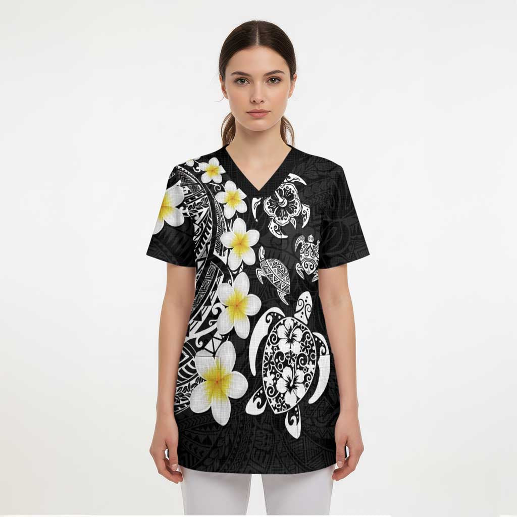 Hawaiian Plumeria Turtles Scrub Top Polynesian Art Tattoo - Polynesian Pride