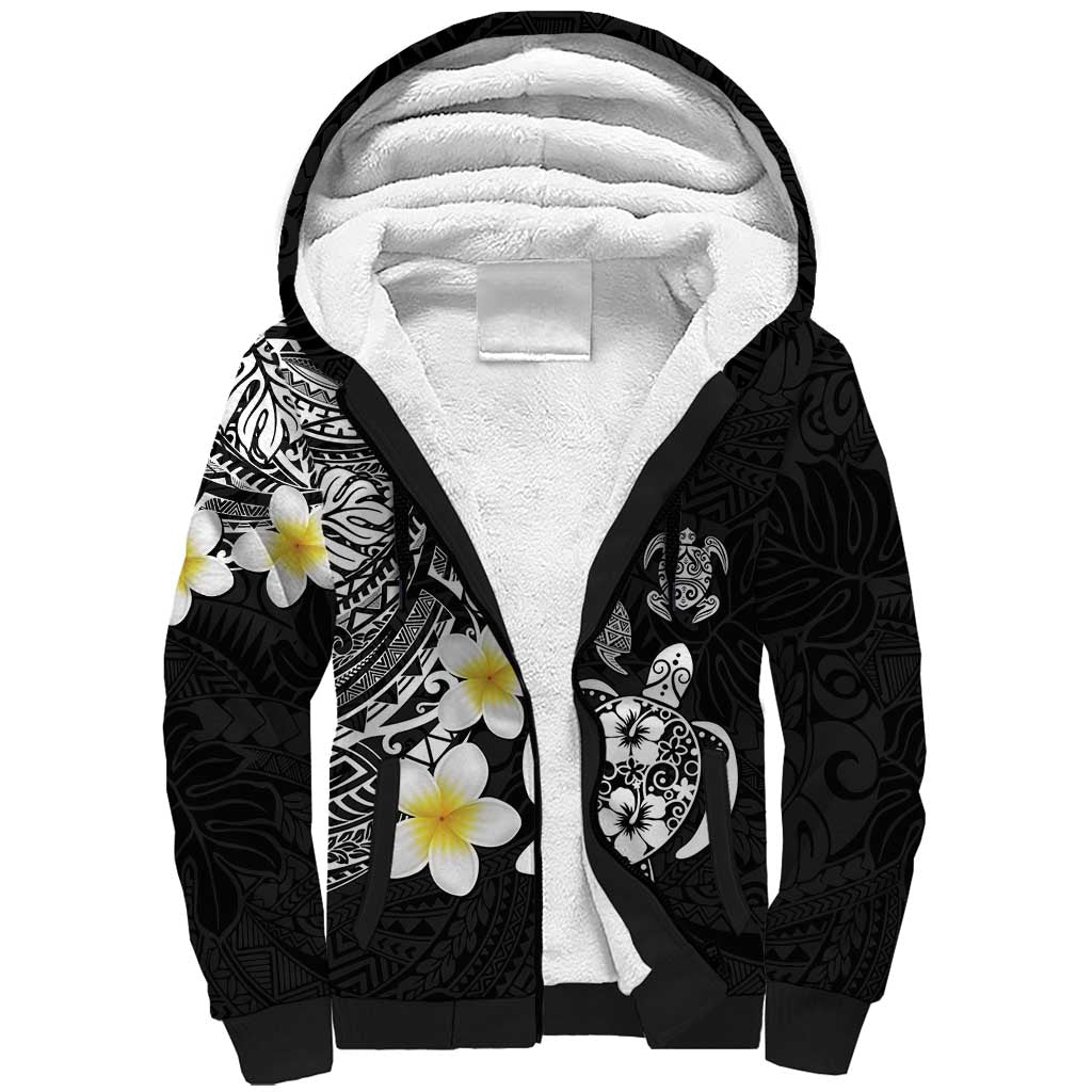 Hawaiian Plumeria Turtles Sherpa Hoodie Polynesian Art Tattoo