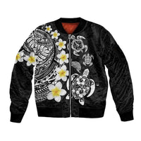 Hawaiian Plumeria Turtles Sleeve Zip Bomber Jacket Polynesian Art Tattoo LT03 Unisex Black - Polynesian Pride