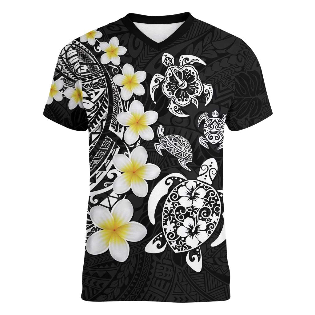 Hawaiian Plumeria Turtles Women V-Neck T-Shirt Polynesian Art Tattoo LT03 Female Black - Polynesian Pride