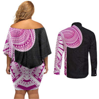 Samoan Art Tattoo Polynesian Pattern Couples Matching Off Shoulder Short Dress and Long Sleeve Button Shirt Pink Out Color