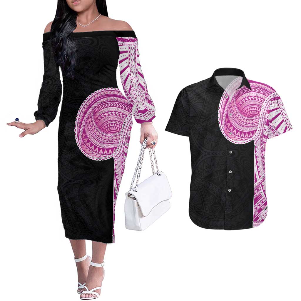 Samoan Art Tattoo Polynesian Pattern Couples Matching Off The Shoulder Long Sleeve Dress and Hawaiian Shirt Pink Out Color
