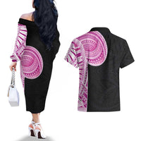 Samoan Art Tattoo Polynesian Pattern Couples Matching Off The Shoulder Long Sleeve Dress and Hawaiian Shirt Pink Out Color