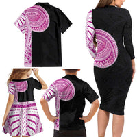 Samoan Art Tattoo Polynesian Pattern Family Matching Long Sleeve Bodycon Dress and Hawaiian Shirt Pink Out Color