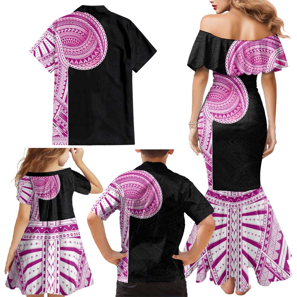 Samoan Art Tattoo Polynesian Pattern Family Matching Mermaid Dress and Hawaiian Shirt Pink Out Color