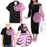 Samoan Art Tattoo Polynesian Pattern Family Matching Off The Shoulder Long Sleeve Dress and Hawaiian Shirt Pink Out Color