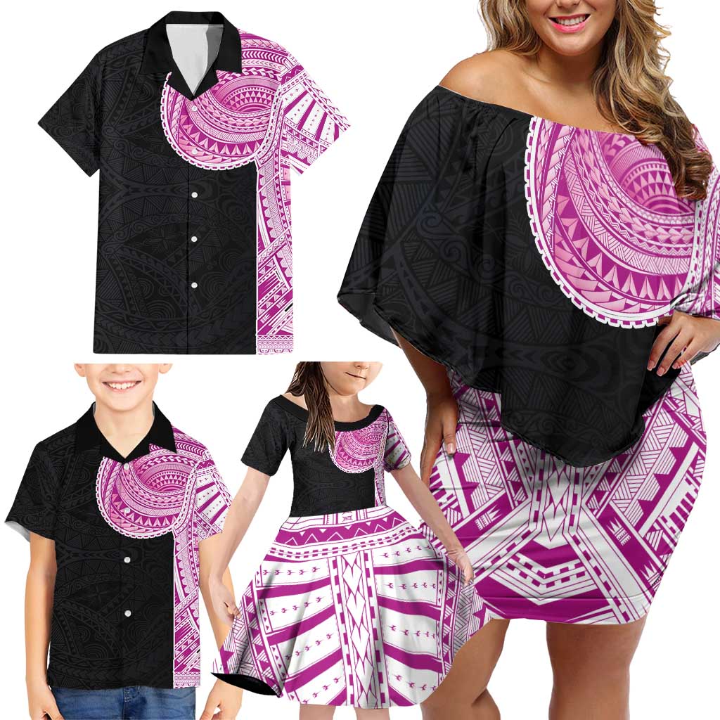 Samoan Art Tattoo Polynesian Pattern Family Matching Off Shoulder Short Dress and Hawaiian Shirt Pink Out Color