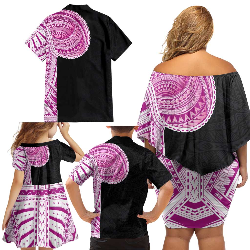 Samoan Art Tattoo Polynesian Pattern Family Matching Off Shoulder Short Dress and Hawaiian Shirt Pink Out Color