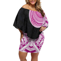 Samoan Art Tattoo Polynesian Pattern Family Matching Off Shoulder Short Dress and Hawaiian Shirt Pink Out Color