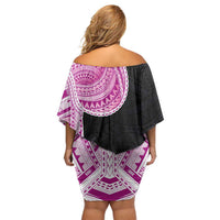 Samoan Art Tattoo Polynesian Pattern Family Matching Off Shoulder Short Dress and Hawaiian Shirt Pink Out Color