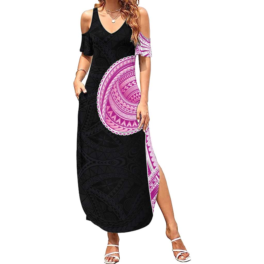Samoan Art Tattoo Polynesian Pattern Summer Maxi Dress Pink Out Color LT03 Women Black - Polynesian Pride
