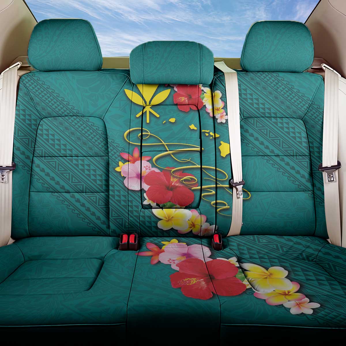 Aloha Kanaka Maoli Hawaii Flowers Back Car Seat Cover With Polynesian Pattern Teal Color