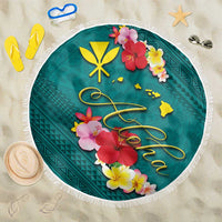 Aloha Kanaka Maoli Hawaii Flowers Beach Blanket With Polynesian Pattern Teal Color