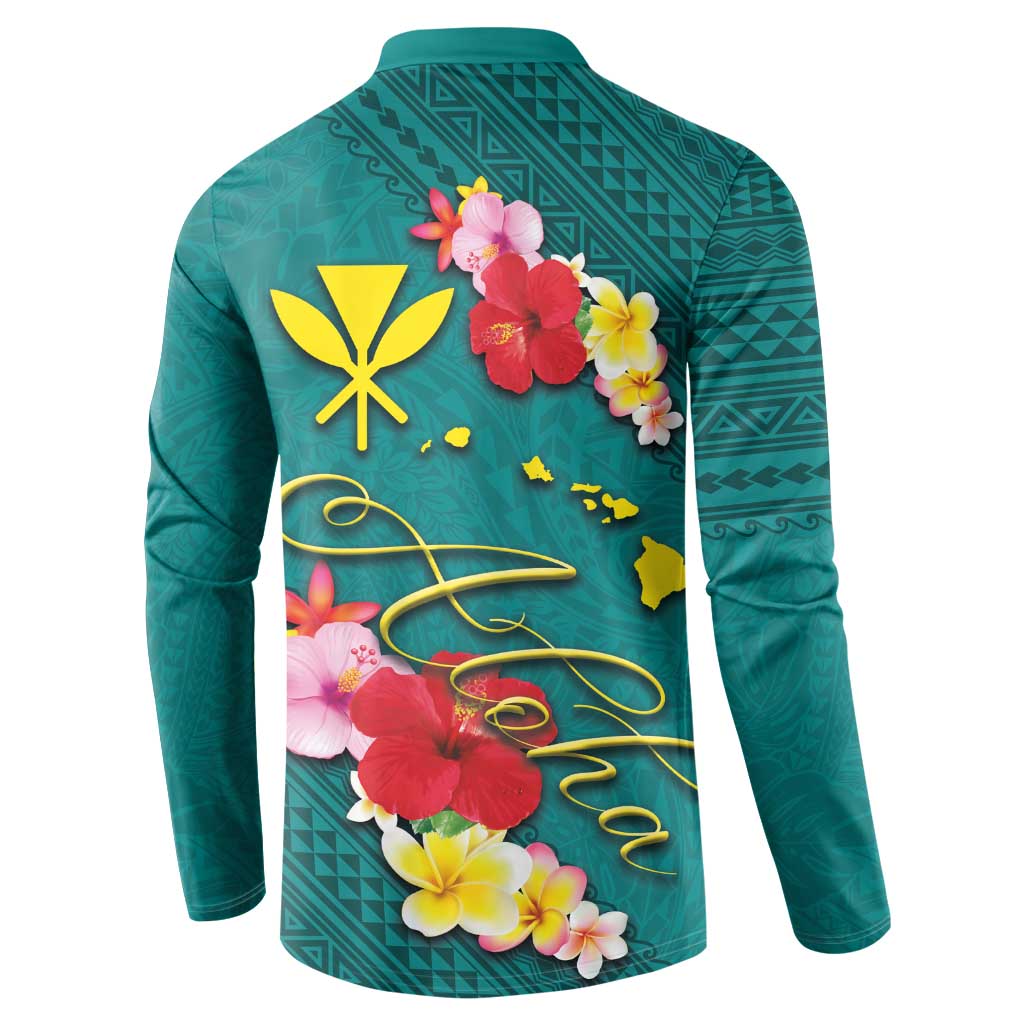 Aloha Kanaka Maoli Hawaii Flowers Button Sweatshirt With Polynesian Pattern Teal Color LT03 - Polynesian Pride