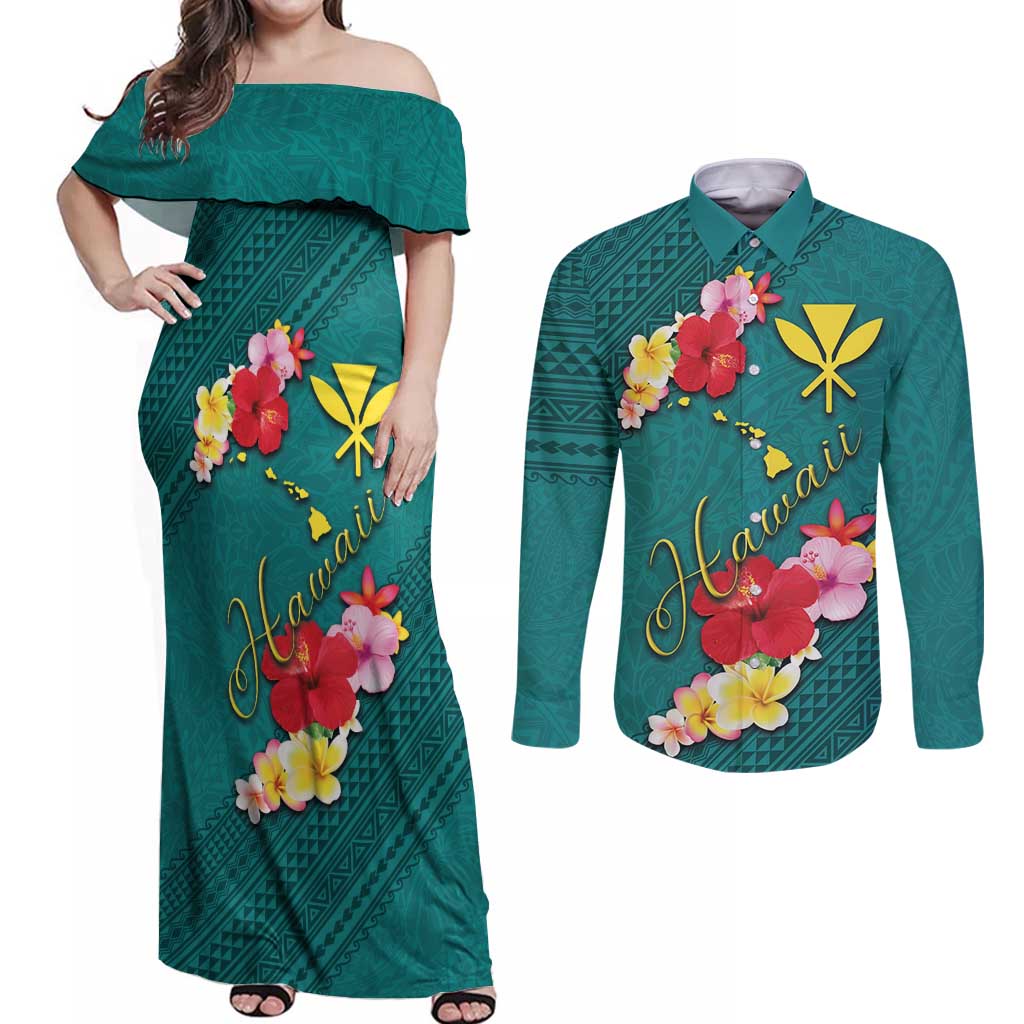 Aloha Kanaka Maoli Hawaii Flowers Couples Matching Off Shoulder Maxi Dress and Long Sleeve Button Shirt With Polynesian Pattern Teal Color