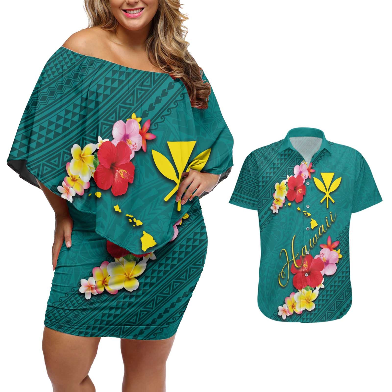 Aloha Kanaka Maoli Hawaii Flowers Couples Matching Off Shoulder Short Dress and Hawaiian Shirt With Polynesian Pattern Teal Color