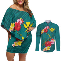 Aloha Kanaka Maoli Hawaii Flowers Couples Matching Off Shoulder Short Dress and Long Sleeve Button Shirt With Polynesian Pattern Teal Color