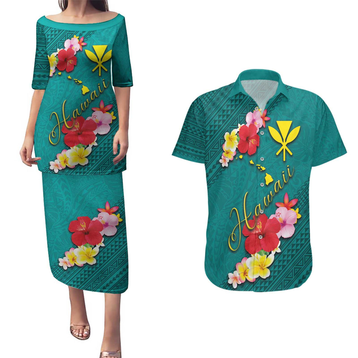 Aloha Kanaka Maoli Hawaii Flowers Couples Matching Puletasi and Hawaiian Shirt With Polynesian Pattern Teal Color