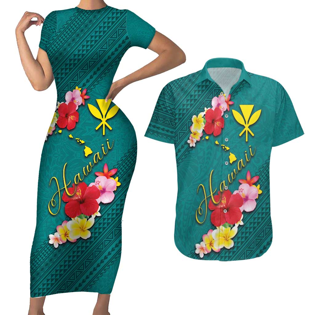 Aloha Kanaka Maoli Hawaii Flowers Couples Matching Short Sleeve Bodycon Dress and Hawaiian Shirt With Polynesian Pattern Teal Color