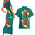 Aloha Kanaka Maoli Hawaii Flowers Couples Matching Short Sleeve Bodycon Dress and Hawaiian Shirt With Polynesian Pattern Teal Color