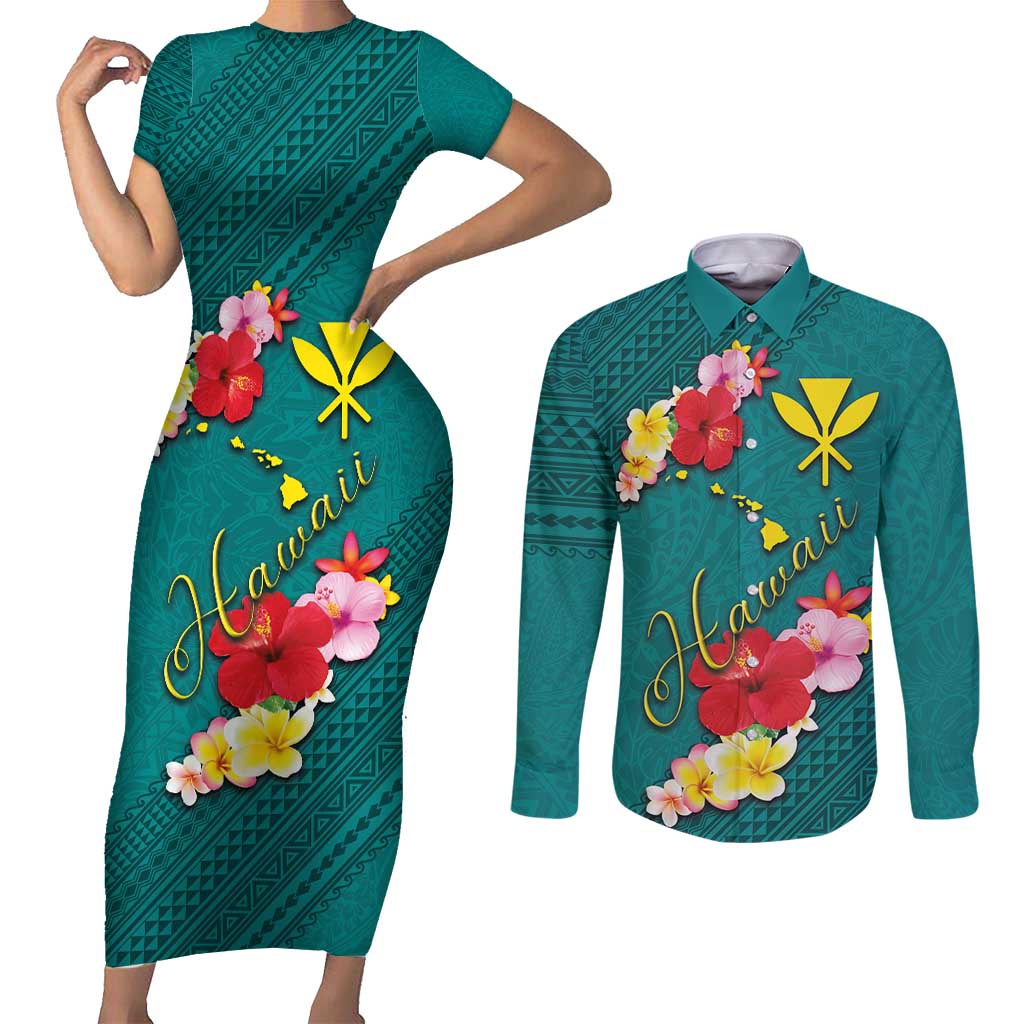 Aloha Kanaka Maoli Hawaii Flowers Couples Matching Short Sleeve Bodycon Dress and Long Sleeve Button Shirt With Polynesian Pattern Teal Color