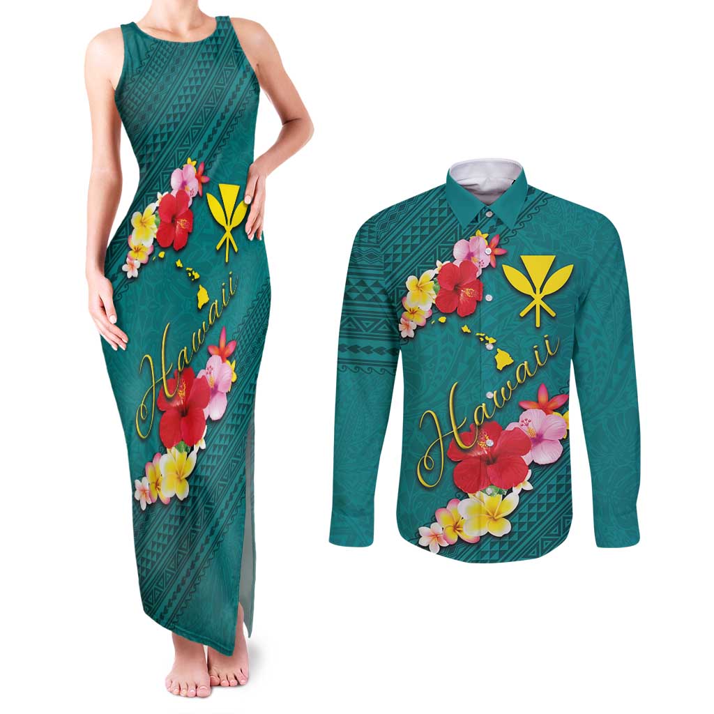 Aloha Kanaka Maoli Hawaii Flowers Couples Matching Tank Maxi Dress and Long Sleeve Button Shirt With Polynesian Pattern Teal Color