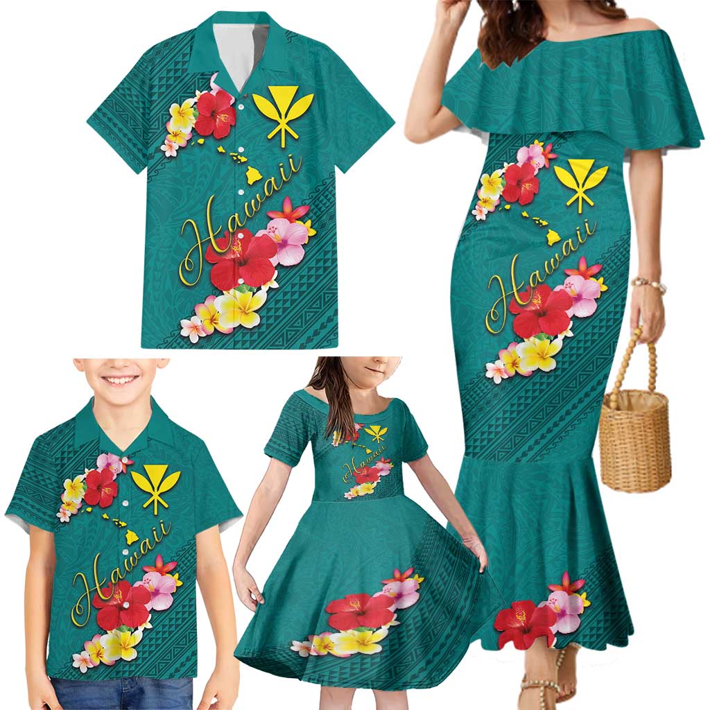 Aloha Kanaka Maoli Hawaii Flowers Family Matching Mermaid Dress and Hawaiian Shirt With Polynesian Pattern Teal Color